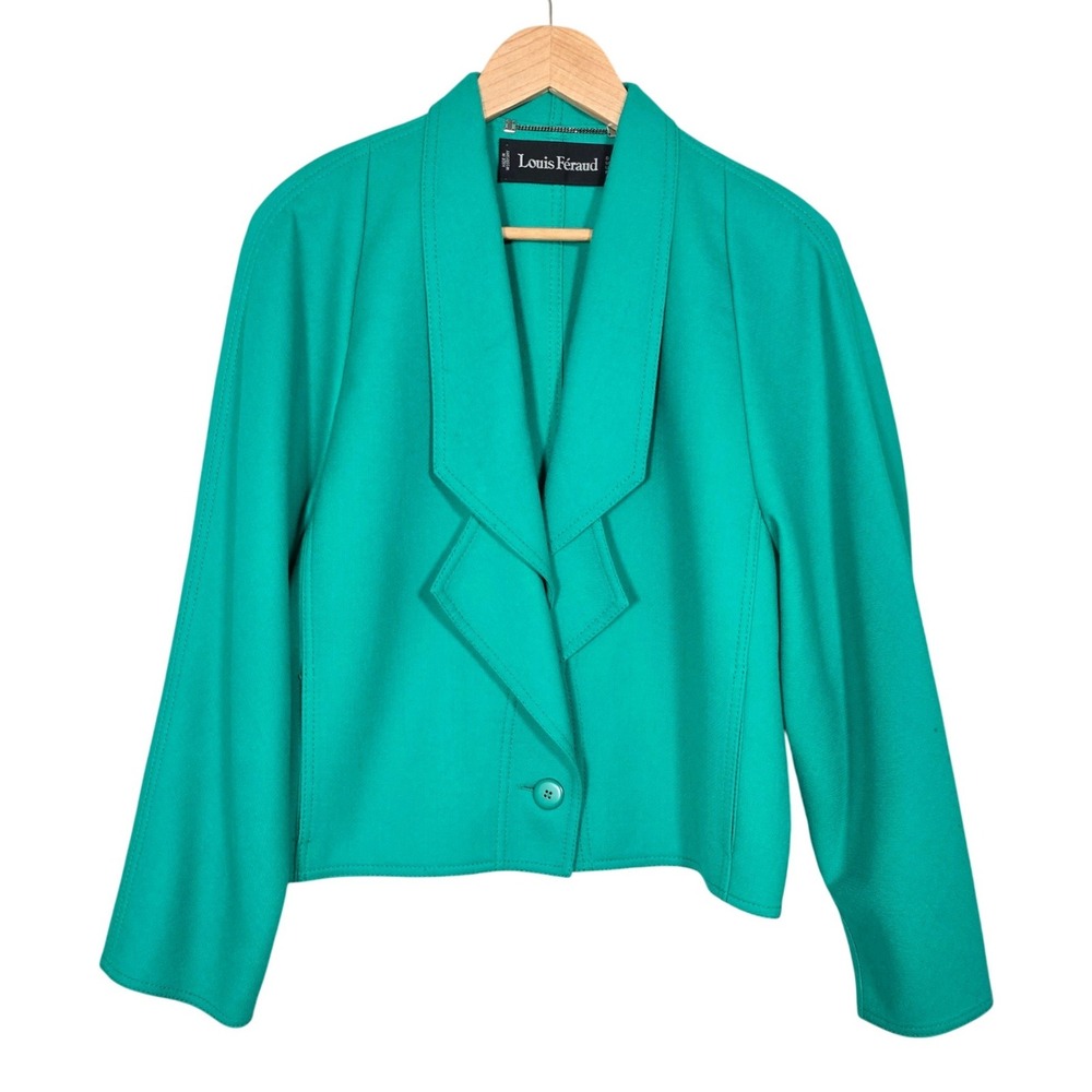 Louis Feraud Women's Vintage Teal Green Sculptural Wool Knit Button Blazer 10
